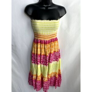 Raviya Smocked Dress Yellow Pink Size S Flare Multicolor Barbie Tiered Beachy
